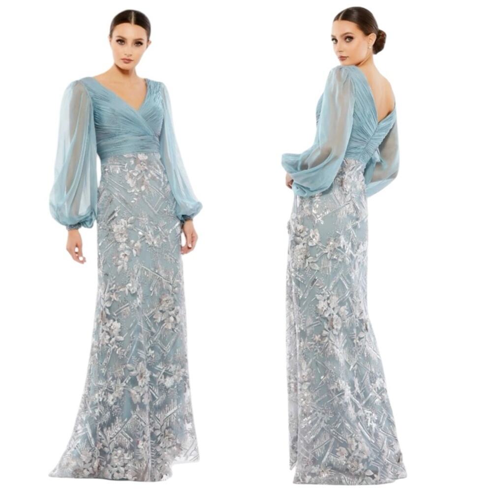 Mac Duggal Blue Illusion Puff Sleeve Pleated Bodice Embellished Gown Size 16